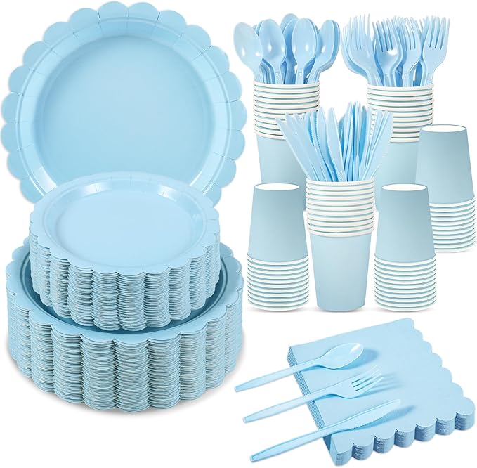 350 Pcs Light Blue Paper Plates and Napkins, Boy Baby Shower Decorations Include Scalloped Plates Napkins Cups for Kindergarten Graduation, Bridal Shower, Summer Wedding, Birthday