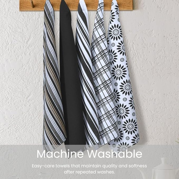 Assorted Kitchen Towels Large 16x26 inch 100% Cotton Set of 5 - Soft Absorbent Washable Tea Towel for Kitchen - Dish Cloths Towel with Hanging Loop - Quick Drying Dish Towels Black