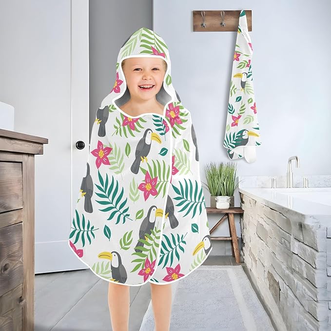 susiyo Kids Hooded Bath Towel Toucan Flowers Beach Towel for Kids 23.5 x 50 Inch Microfiber Soft Absorbent Quick Dry Bath Swim Pool Towel Wrap Poncho Bathrobe with Hood for Kids Toddler