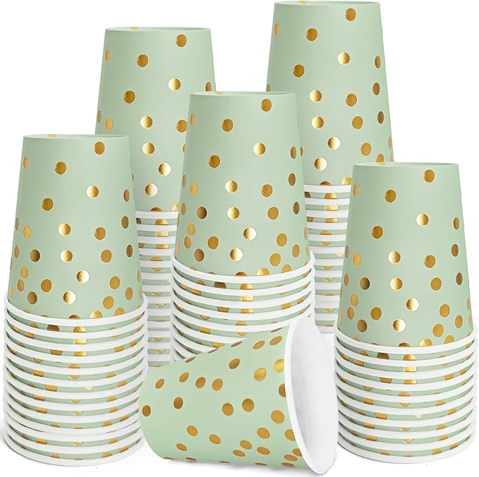 Sage Green and Gold Paper Cups,9 oz Sage Green and Gold Disposable Cups,Paper Cups for Birthday Wedding Party Supplies(50 Pcs)