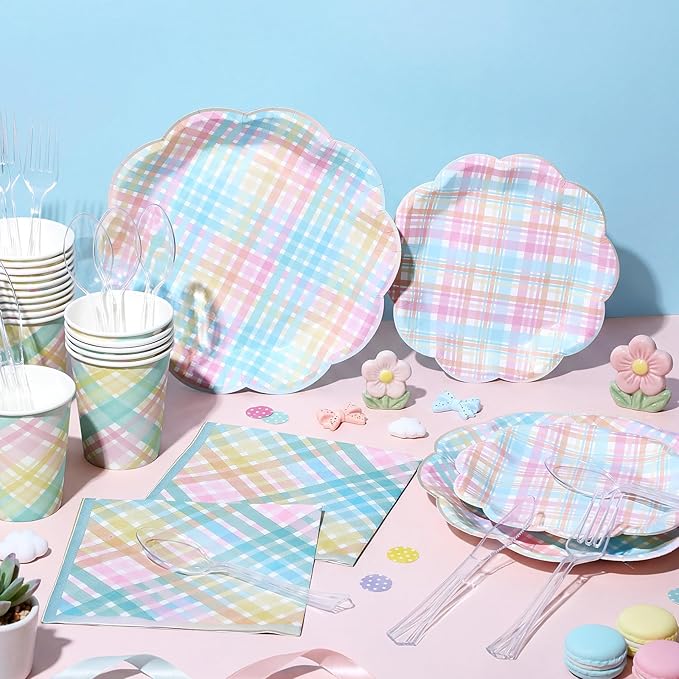 FillTouch 50 Sets Pastel Gingham Disposable Tableware Pastel Paper Plates Cups Napkins Clear Knives Forks Spoons for Birthday Baby Shower Wedding Party Decoration