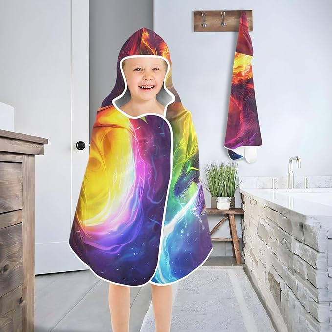 SUABO Kids' Bath Towels Fire Dragon Rainbow Hooded Towels for Boys Girls,Toddler Towels Multi-Purpose for Beach,Pool and Bathroom,23.5" x 50", Soft and Highly Absorbent