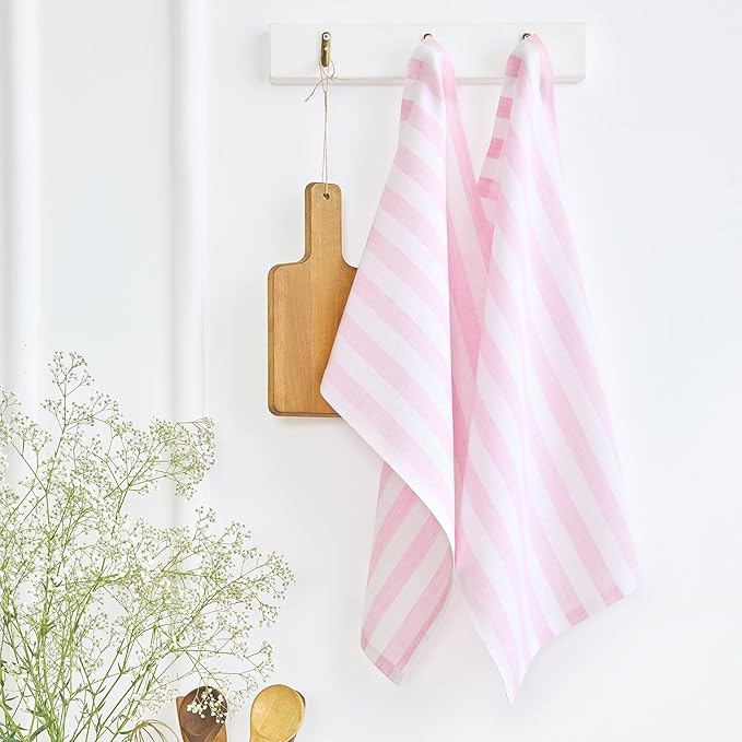 Solino Home Pink and White Linen Kitchen Towels Set of 2-100% Pure Linen 17 x 26 Inch Sorrento Stripe Tea Towels with Hanging Loop - European Flax Kitchen Dish Cloth - Quick Dry & Machine Washable