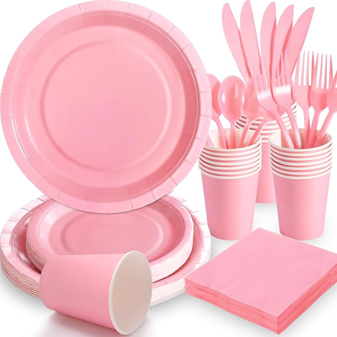 168PCS Light Pink Paper Plates and Napkins,Pink Disposable Plates Set with Utensils Serve 24 Guests for Baby Shower Graduation Valentines Day Party Decorations Party Supplies
