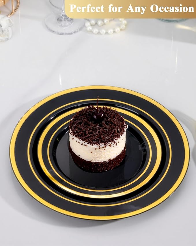 Goodluck 120PCS Black Plastic Plates with Gold Rim, Heavy Duty Disposable Black Plates with 60 10.25 inch Dinner Plates and 60 7.5 inch Dessert Plates for Party, Holiday, Wedding
