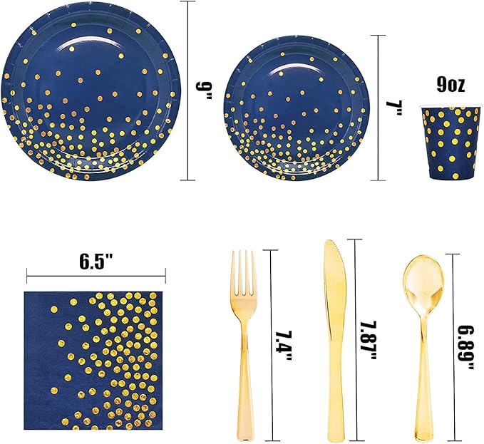 168Pcs Navy Blue Plates and Napkins Party Supplies, Blue Paper Plates Serve 24, blue and Gold Party Decorations, for Birthday, Fathers Day, Graduation, 4th of July
