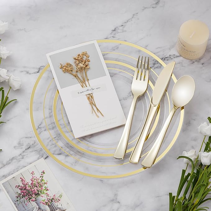 BESTVIP 100PCS 7 Inch Clear Plastic Dessert Plates, Small Disposable Salad Plate with Gold Rim, Heavy Duty Plastic Small Cakes Plates for Party, Wedding and Birthday, Events