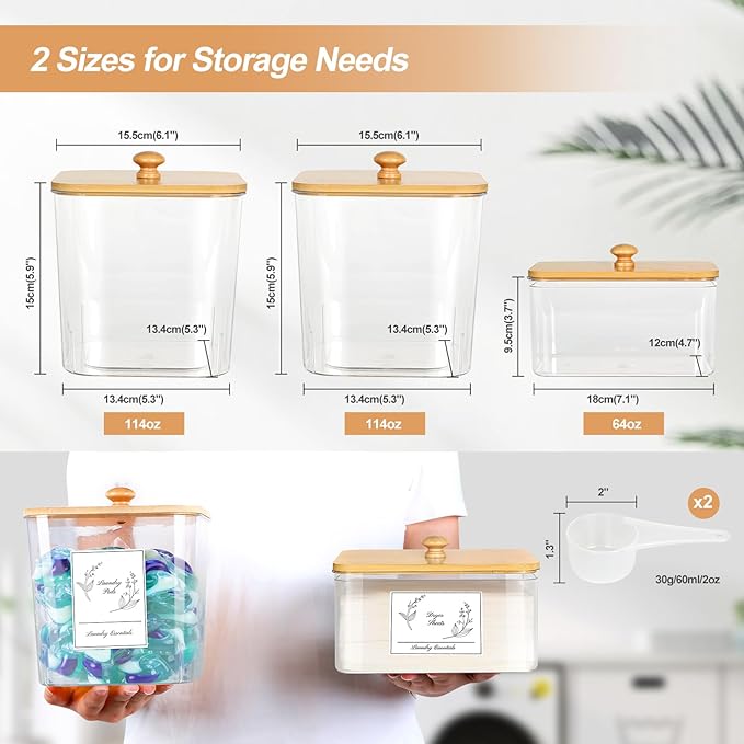 COAZEX 3 Pack Plastic Laundry Pods Container & Dryer Sheet Holder, Laundry Room Organization and Storage Jars with Lids, Scoops & Labels for Detergent, Powder, Scent Booster