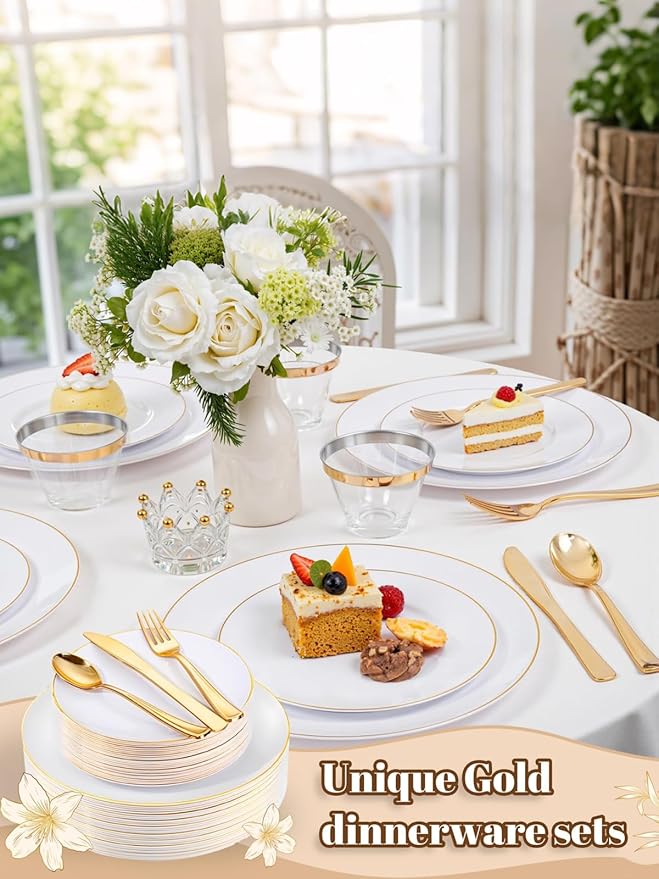 WDF 150Pcs White and Gold Plastic Plates - Gold Plates Disposable - 25 Guest Disposable Dinnerware Include 25 Dinner Plate 25 Dessert Plate 25 Cutlery 25 9oz Cups for Wedding/Birthday/Party