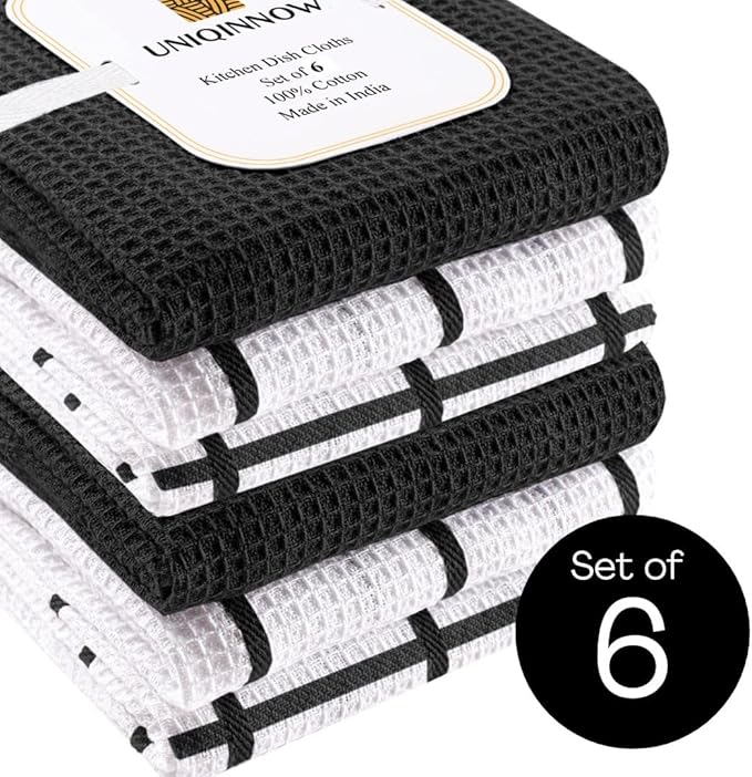 Assorted Waffle Kitchen Dish Towels Cotton Set of 6, Soft Absorbent Quick Drying Table and Kitchen Linen, Tea Towels and Cleaning Towels with Hanging Loop, Dish Towels 15x25 Black