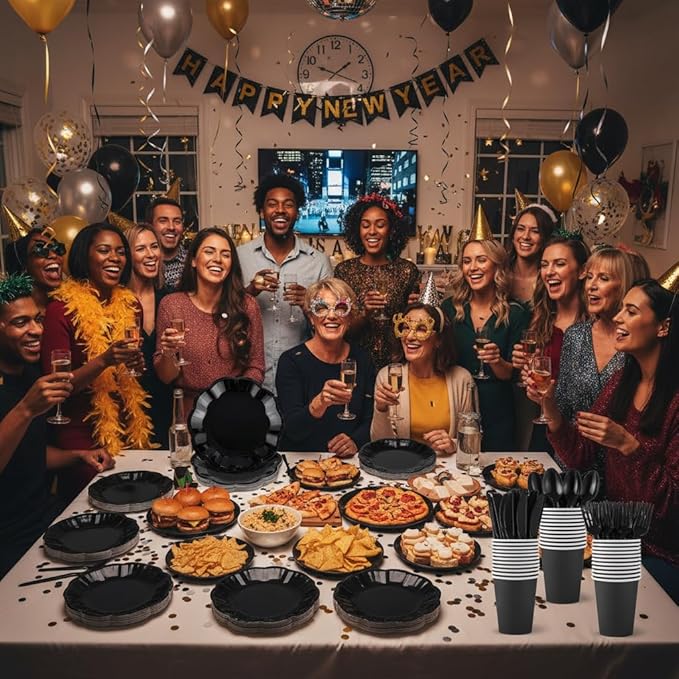 175 Pcs Black Plates and Napkins Set, 25 Guest Black Party Supplies Include 9" Dinner Plates and 7" Dessert Plate Paper Napkins Cup Disposable Plastic Cutlery for Wedding Birthday Graduation Party