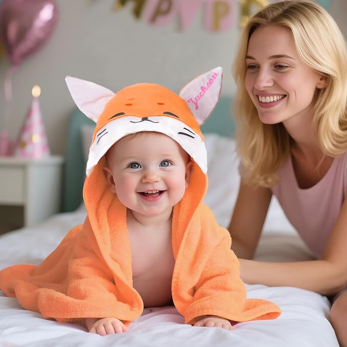 Baosity Custom Hooded Baby Towel with Name, Personalized Soft Absorbent Fox Bath Towel, Shower Towels for Girls Boys, Easter Brithday for Kids Baby, Toddler, Newborn Essential