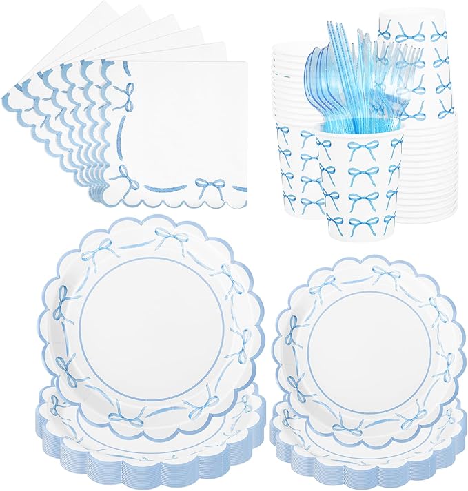 JarThenaAMCS 175Pcs Blue Bow Party Supplies Kit Scalloped Bowknot Tableware Set Disposable Dinnerware Paper Napkin Plate Cup Spoon Fork Knife for 25 Guests Party Favor