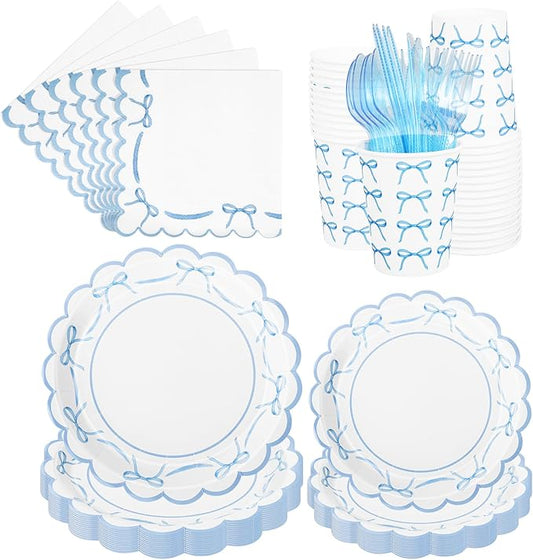 JarThenaAMCS 175Pcs Blue Bow Party Supplies Kit Scalloped Bowknot Tableware Set Disposable Dinnerware Paper Napkin Plate Cup Spoon Fork Knife for 25 Guests Party Favor