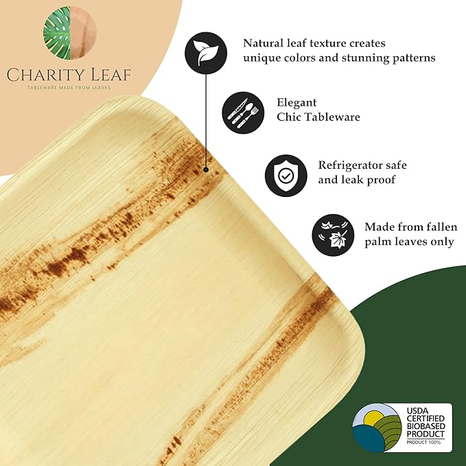 Charity Leaf Disposable Palm Leaf 14" x 10" Trays (100 Pieces) Bamboo Like Serving Platters, Disposable Boards, Eco-Friendly Dinnerware for Weddings, Catering, Events