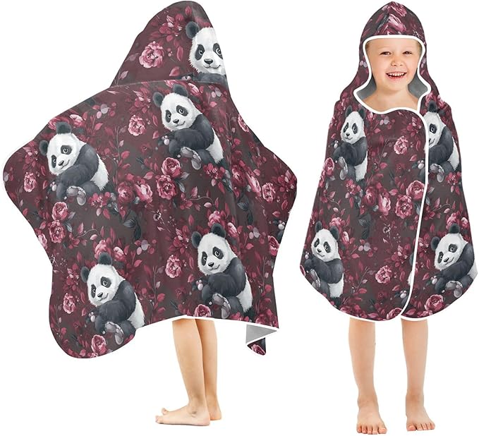 Hooded Beach Towel for Kids Cartoon Panda Burgundy Hooded Towels for Boys Soft Bath Towels with Hood