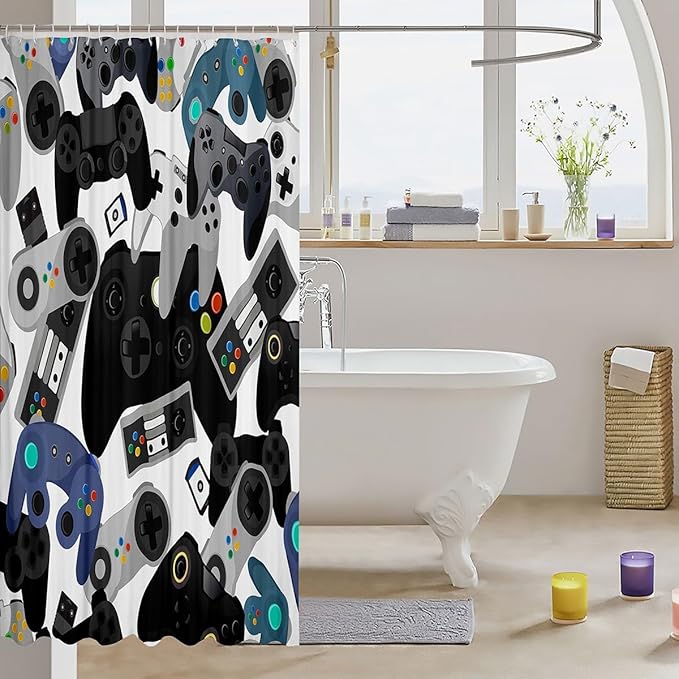 Castle Fairy Gamer Shower Curtain,Watercolor Gamepad Bath Curtain Kids Teen Boys Gaming Bath Curtain,Video Games Room Shower Curtain,with 12 Holes,Red Blue White Black 72" W x 78" L