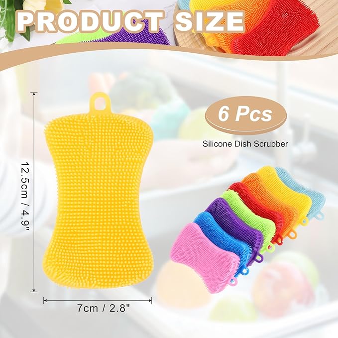 uxcell Silicone Dish Scrubber, 6 Pack Reusable Dishes Sponges Silicone Sponges Double Design for Kitchen Bathroom Cleaning Gadgets Accessories Countertop Cookware Pots Pans, Yellow