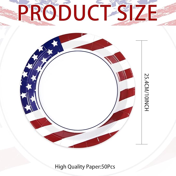 50Pcs 250th Anniversary Patriotic Round Paper Plates 10" Large Heavy Duty Disposable American Flag Red Blue White Dessert Plates 4th of July Dinner Plate for President Election Memorial Day Supplies
