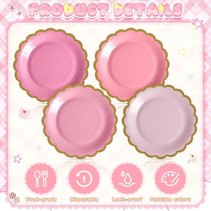 96 Pcs Valentine's Day Pink Paper Plates 7 Inch Scalloped Gradient Pink Disposable Dessert Plate for Coquette Bridal Wedding Galentines Birthday Baby Shower Party Supplies