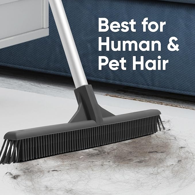 Superio Silicone Dust Pan with 35" Aluminum Long Handle & 16 Pet Hair Remover Silicone Broom - Lobby Dustpan Stand-Up & Carpet Rake Set for Hardwood, Tile, and Rugs - Gray