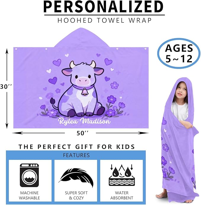 Cow Purple Bell Personalized Hooded Towel Absorbent Wrap Soft Pool Beach Bath Towels Hood Poncho for 5-12 Years Kids Boys Girls