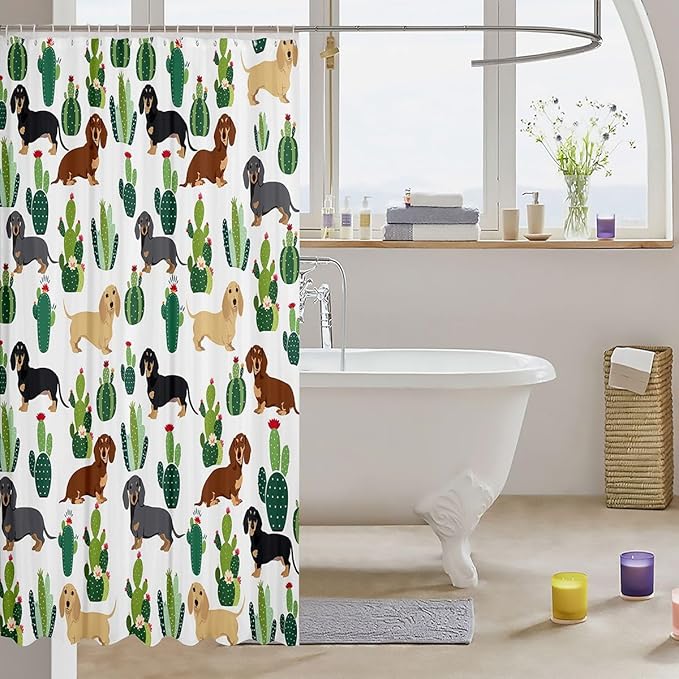 Dachshund Decor Shower Curtain Tropical Cactus Plant Bath Curtain Dachshund Gifts for Women Girls,Lovely Pup Dog Flowers Shower Curtain Set Dog Lover 72"Wx78"L,Cute Pet Doggy Animal Bathroom Decor