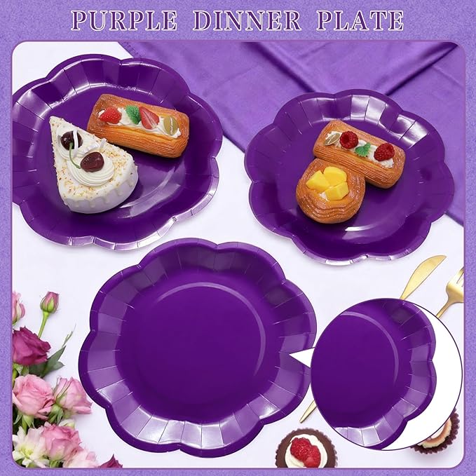 Purple Plates Party Supplies,9 inch Purple Paper Plates Disposable Scalloped for Birthday Cake Plate Baby Shower Dinner Wedding Dessert Party