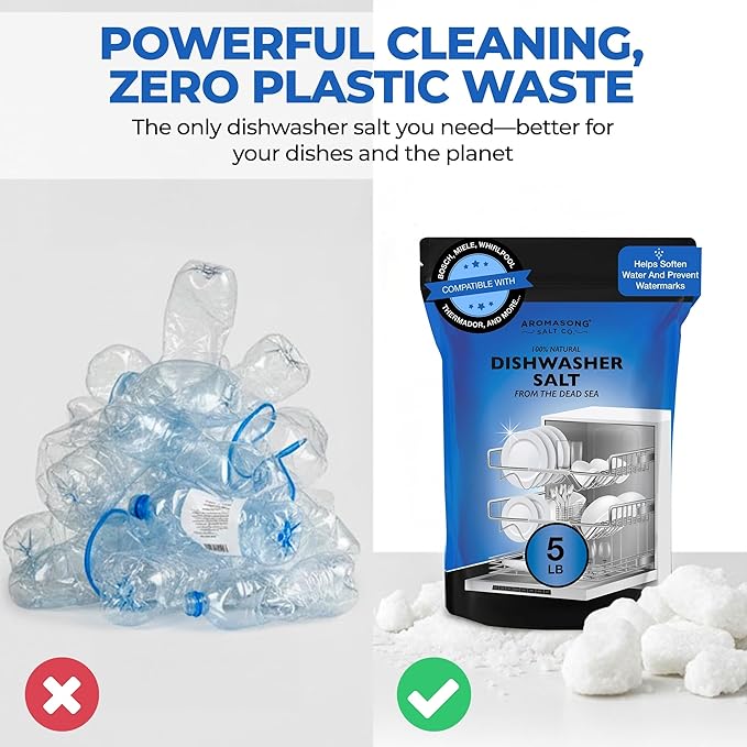 Aromasong Dishwasher Salt 15 LB - 100% Natural Water Softening Agent Compatible with Bosch, Miele, Whirlpool, Thermador, and More... for Cleaner Dishes & Washer Reactivation. (packaging may vary)