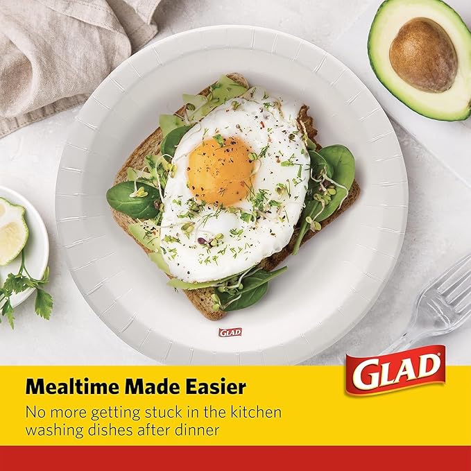 Glad Round Disposable White Paper Plates, Strong Soak-Proof Microwave-Safe Paper Dinner and Dessert Plates for Everyday Meals, Parties, Snacks and Serving, 8.5 Inch, 500 Count