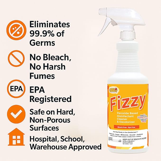 Fizzy RTU Disinfectant Cleaner Spray, Hydrogen Peroxide, Sparkling Zest Scent, Ready to Use, 32 oz Quart Bottles, 3 Pack – For Hard Non-Porous Surfaces