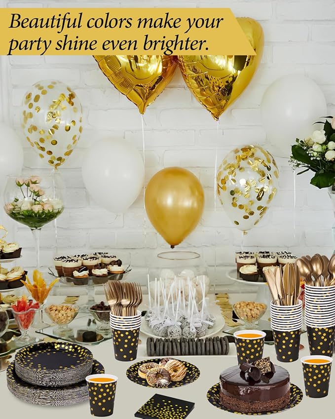 224 Pieces Party Supplies, Black and Gold Party Plates Cups and Napkins Sets with Plastic Knives forks spoons, Disposable Tableware Serves 32 Sets for Wedding, Birthday, Graduation, Festivals