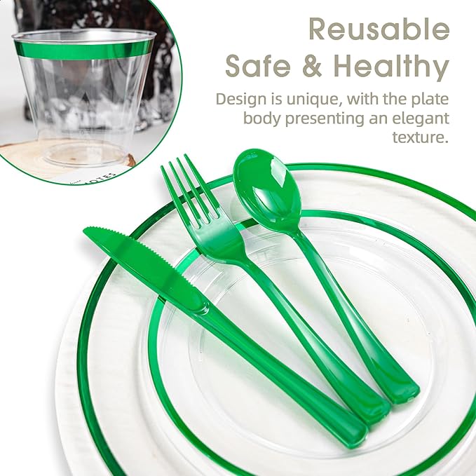 N9R 600PCS Green Plastic Dinnerware Set, Disposable Plastic Plates Includes 100 Dinner Plates, Dessert Plate, Cups, Spoons, Forks, Knives for 100 Guests, Perfect for Party, Wedding, Birthday