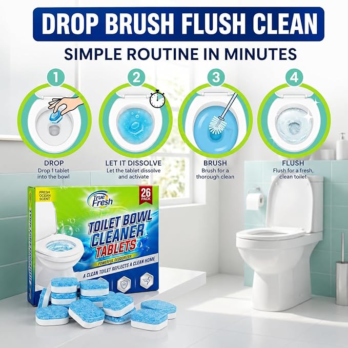 True Fresh Toilet Bowl Cleaner Tablets 26 Pack Deodorizer & Septic Safe Deep Cleaning, Odor Eliminator, Stain Remover for Long-Lasting Freshness Fresh Ocean Scent