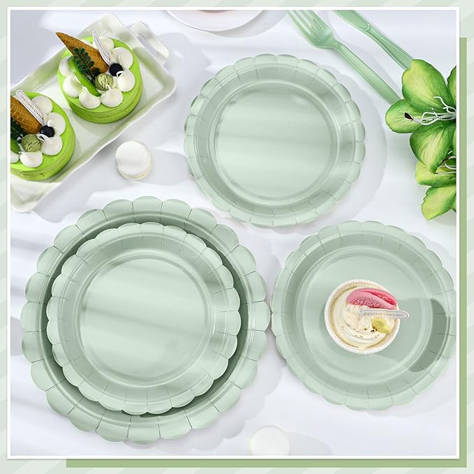 NatNarr 30 Pcs Dessert Plates Disposable, 7 Inch Scalloped Sage Green Birthday Cake Plates Small Appetizer Paper Plate for Baby Bridal Shower, Wedding