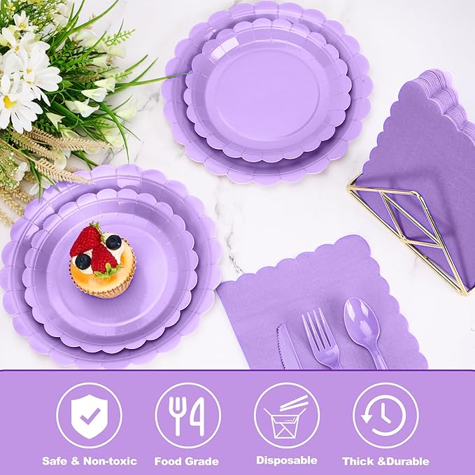 168 Pcs Light Purple Plates and Napkins Set, Purple Party Supplies Include Scalloped Plate Napkins Cups Forks Knives Disposable Plastic Cutlery for Baby Shower, Wedding, Birthday