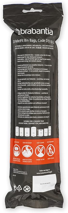 Brabantia PerfectFit Trash Bags (Size D/0.5-0.8 Gal) Thick Plastic Trash Can Liners with Drawstring Handles (120 Bags)