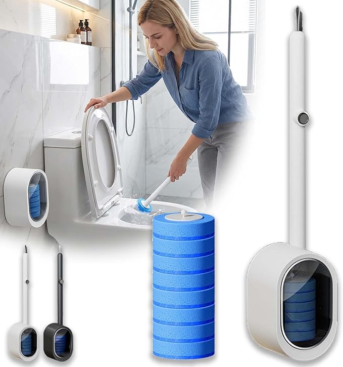 Disposable Toilet Bowl Cleaner Wand, Toilet Scrubber Kit with Self-Cleaning Disposable Pads – No Pre-Rinse (White+8Pcs Brush Heads)