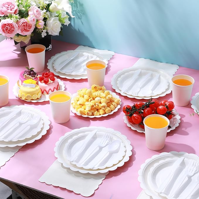 Ziliny 350 Pcs White Plates and Napkins, 50 Guest White Party Supplies Include Scalloped Paper Plates Napkins Cups Plastic Spoons Forks Knives Disposable Tableware Set for Weeding Bridal Baby Shower