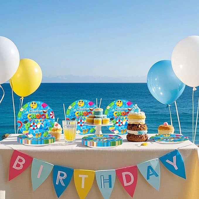 50Pcs Goodbye School Hello Pool Party Decorations Last Day of School's Pool Paper Plates 9" Disposable Summer Class End of School Year Party Decorations for Graduation Preschool Vacation Supplies