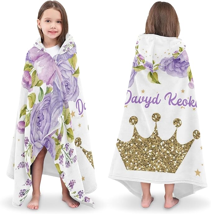 Purple Crown Floral Personalized Kids Hooded Towel with Name Soft Absorbent Beach Pool Bath Towels Hood Poncho for Boys Girls