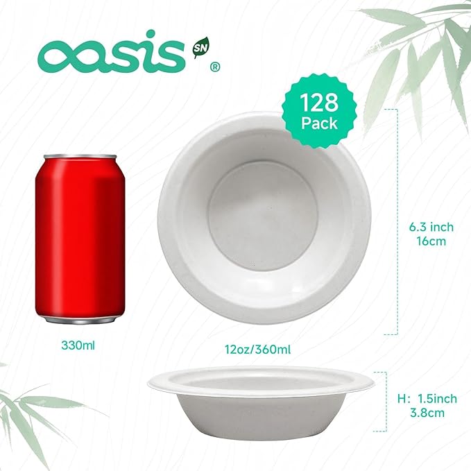 12 oz 128-Pack Compostable Soup Bowls, Disposable Paper Bowls for Soup, Cereal & Oatmeal, Heavy-Duty Bagasse Bowls, Microwave & Freezer Safe, Eco-Friendly (White)