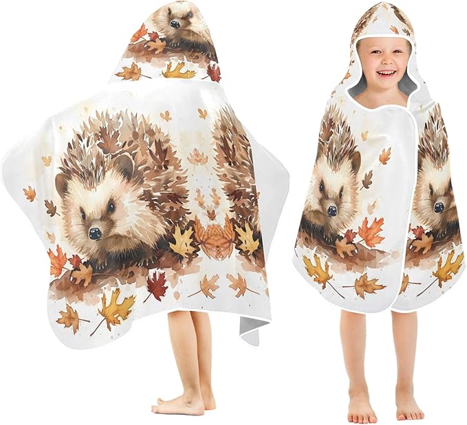Hooded Towel for Kids Hedgehog and Maple Leaves Beach Wrap Bath Towels 50x23.5in