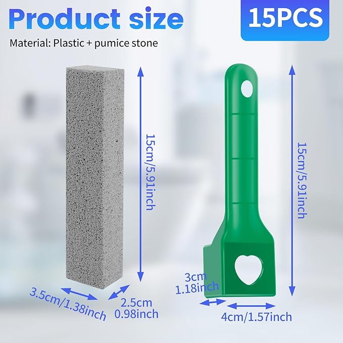 15 Packs Pumice Cleaning Stone, Pumice Stone for Toilet Cleaning with Removable Extra Long Handle, Powerful Cleaner for Hard Water Rings,Calcium Stains, Stone Toilet Bowl Cleaner for Home (15, Green)
