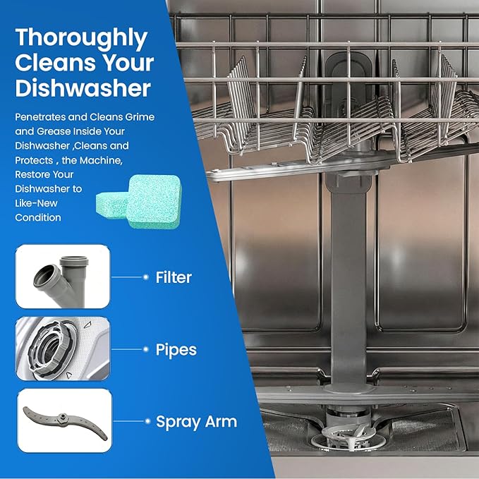 Dishwasher Cleaning Tablets -30 Pack Cleaner and Deodorizer -15 Month Suply for Hard Water Dish Washer Machine, Non Toxic Tabs for Dish, Septic Safe & Odor Remover, Lemon Scent