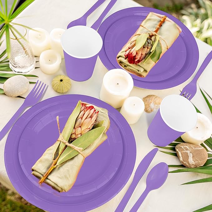 228PCS Lavender Party Supplies Set Include Paper Plates Cups Paper Napkins Plastic Spoons Forks Knives for 30 Guests Disposable Party Dinnerware for Birthday Wedding Family Picnic