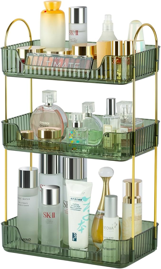 3-Storey Bathroom Counter Organizer, Green, Luxury Style, for Cosmetic Skin Care Lipstick