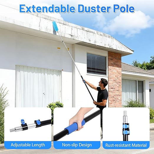 20ft High Reach Duster Kits, Heavy Duty High Reach Duster Kit for Cleaning, Spider Web Brush, Washable Dust Brush for High Roof and Glass Surfaces (with 5-12ft Extension Pole)