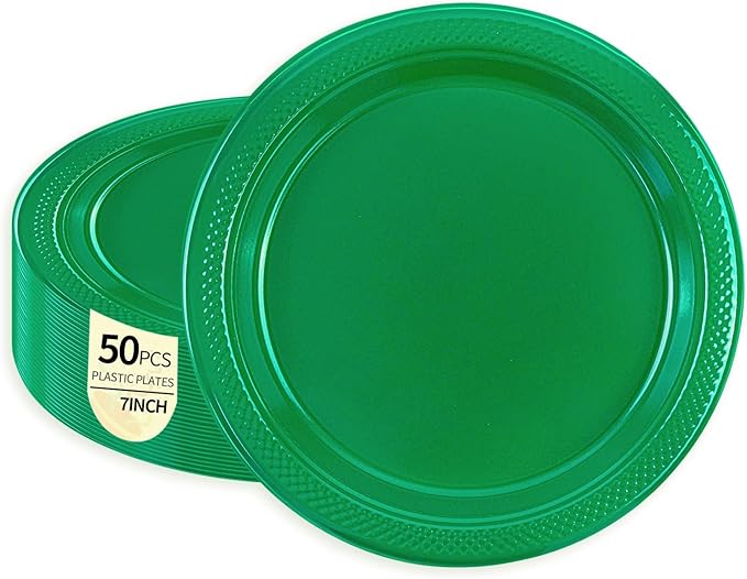 50 PCS Green Plastic Plates, 7 Inch Disposable Party Plates Dessert Plates for Picnic Birthday Wedding Christmas Party Supplies (Green, 7 Inch)