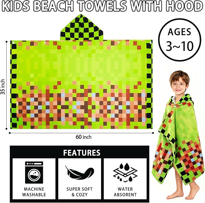 Hooded Towels for Kids - Superfine Fiber Game Theme Toddler Hood Bath Towels Beach Hooded Poncho Absorbent Pool Toddler Swim Bath Wrap for Boys & Girls 3-10 Years Beach Essentials, 60*35 inches